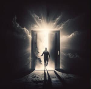 a man with trauma walking through a door into the light