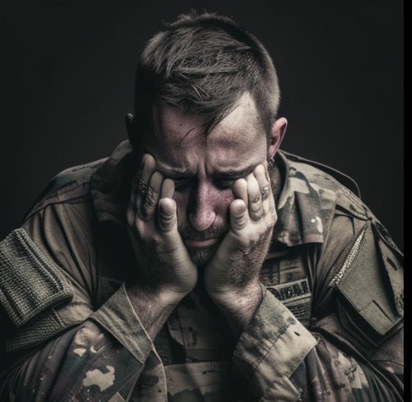 Soldier with PTSD and his head in his hands miserable